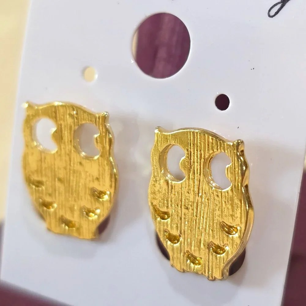 NOC Small Gold Finish OWL Textured Stud Pierced Earrings